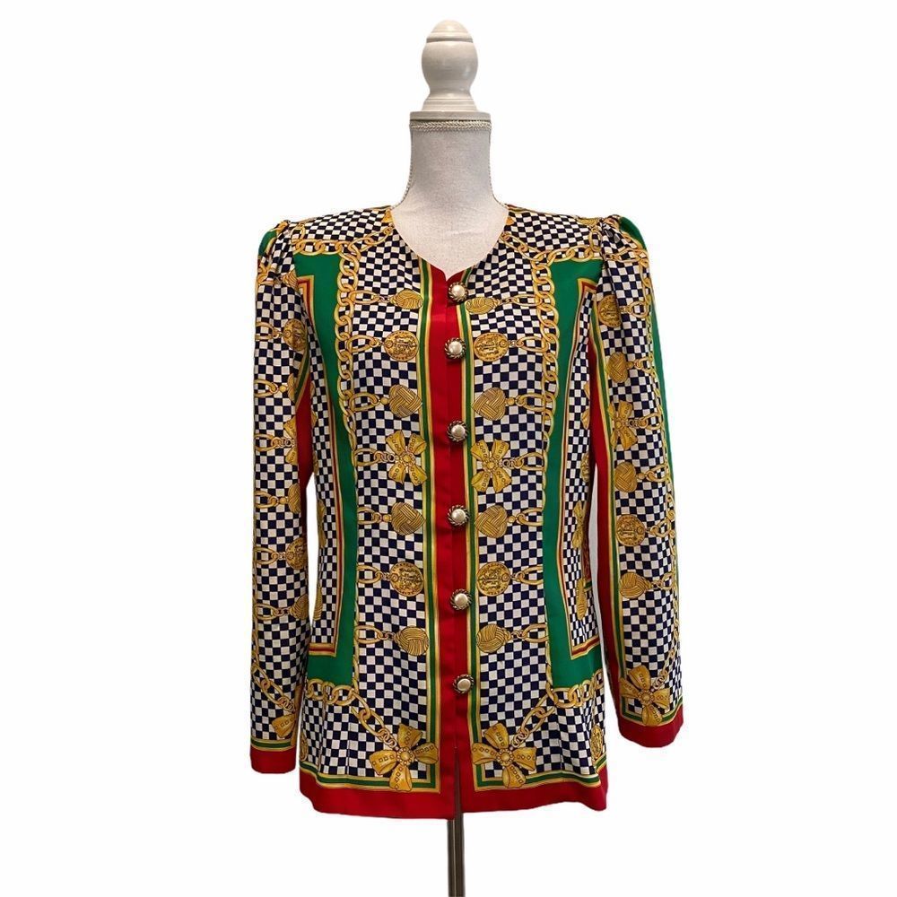 Women's Vintage Retro Andrea Gayle Button Up Sweater Equistrian Chain Print Top